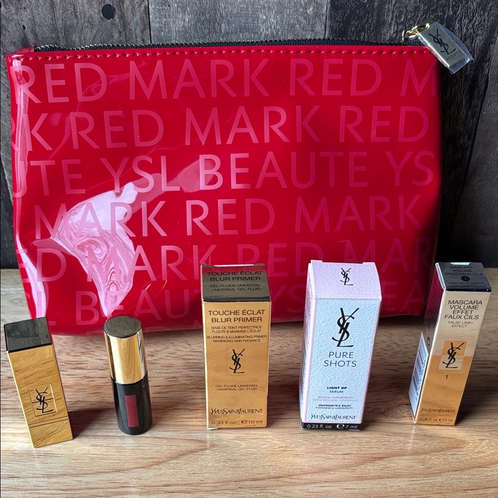 Yves Saint Laurent Red Logo Cosmetic Pouch with Gold Accents & Makeup